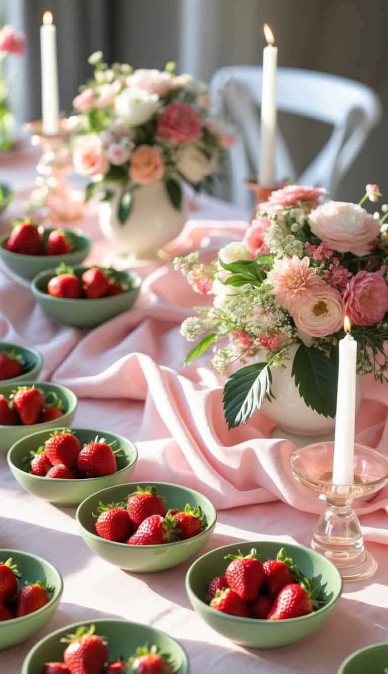 A beautifully decorated table with pink fabric, featuring green bowls filled with strawberries and elegant flower arrangements in vases. Lit white candles add a warm ambiance to the setting.