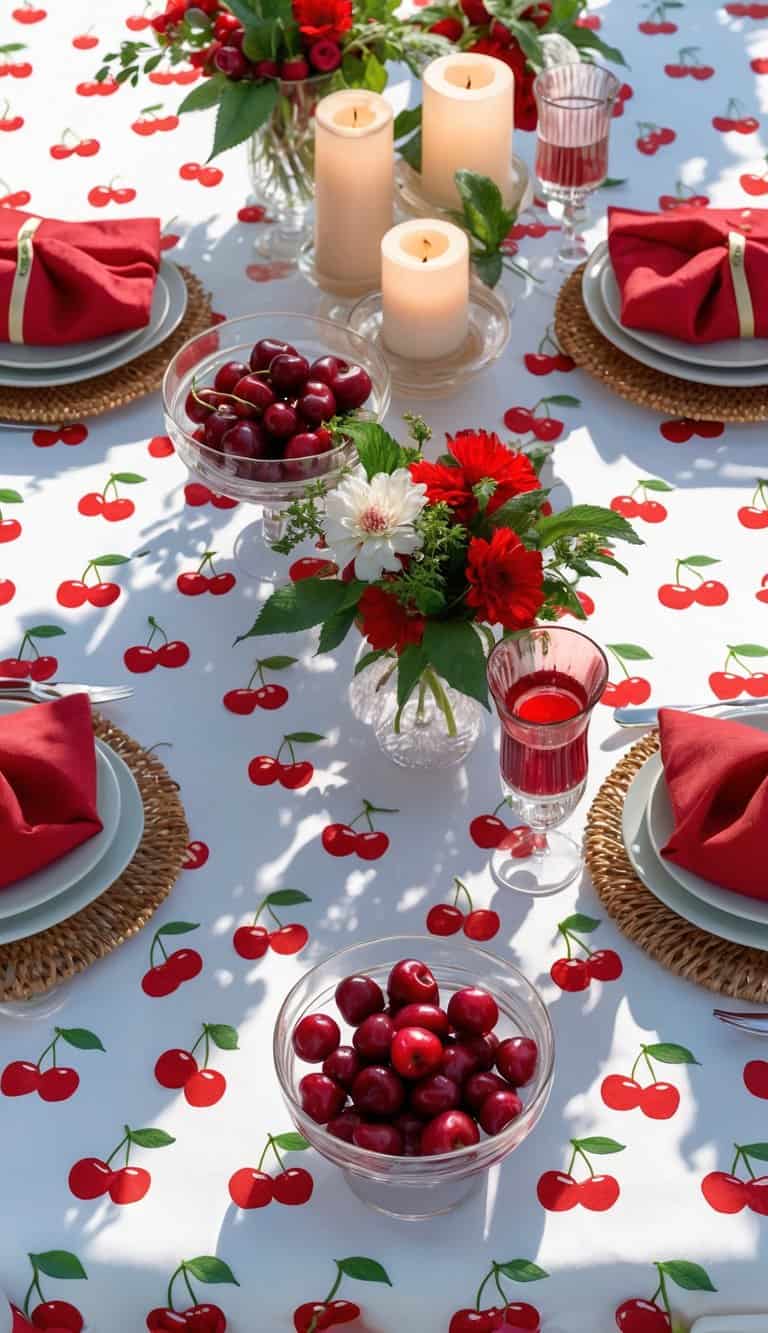 A table set for dining is adorned with a cherry-themed tablecloth, featuring two plates with red napkins and wicker placemats. In the middle, there's a flower arrangement with red and white flowers and three pillar candles. Clear bowls are filled with red cherries, and glasses contain a red beverage.