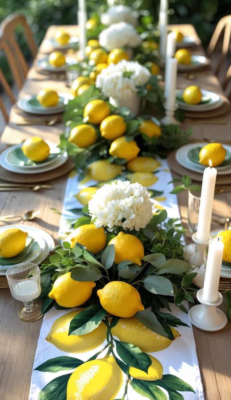 A table decorated with a vibrant lemon-themed centerpiece, featuring fresh lemons and green leaves, surrounded by white flowers. The table is set with plates, candles, and glasses, creating a bright and elegant dining setting.