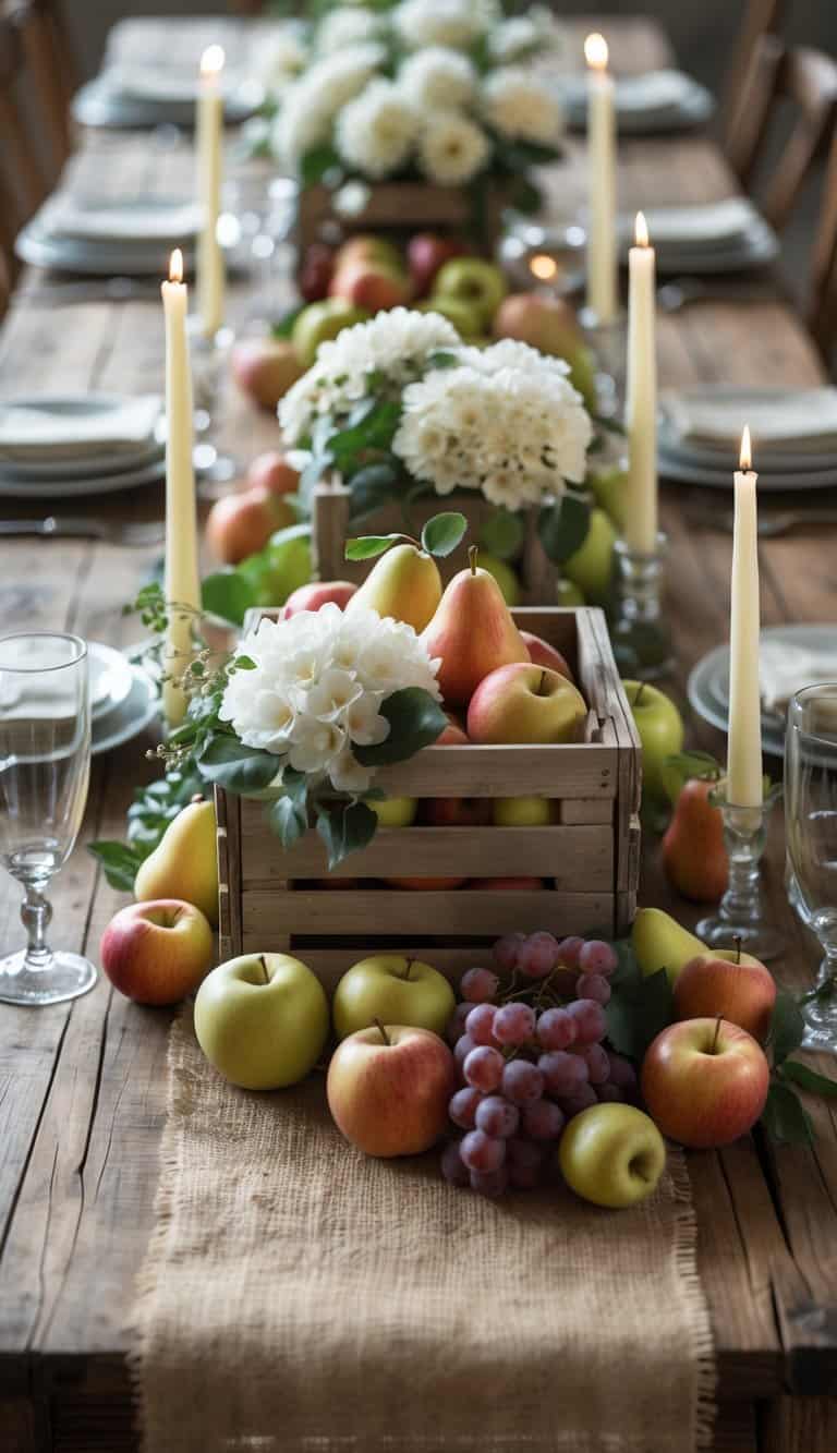 A rustic wooden dining table set with a fall-themed centerpiece featuring wooden crates filled with pears, apples, and white hydrangeas, surrounded by additional apples, grapes, and lit tall candles.