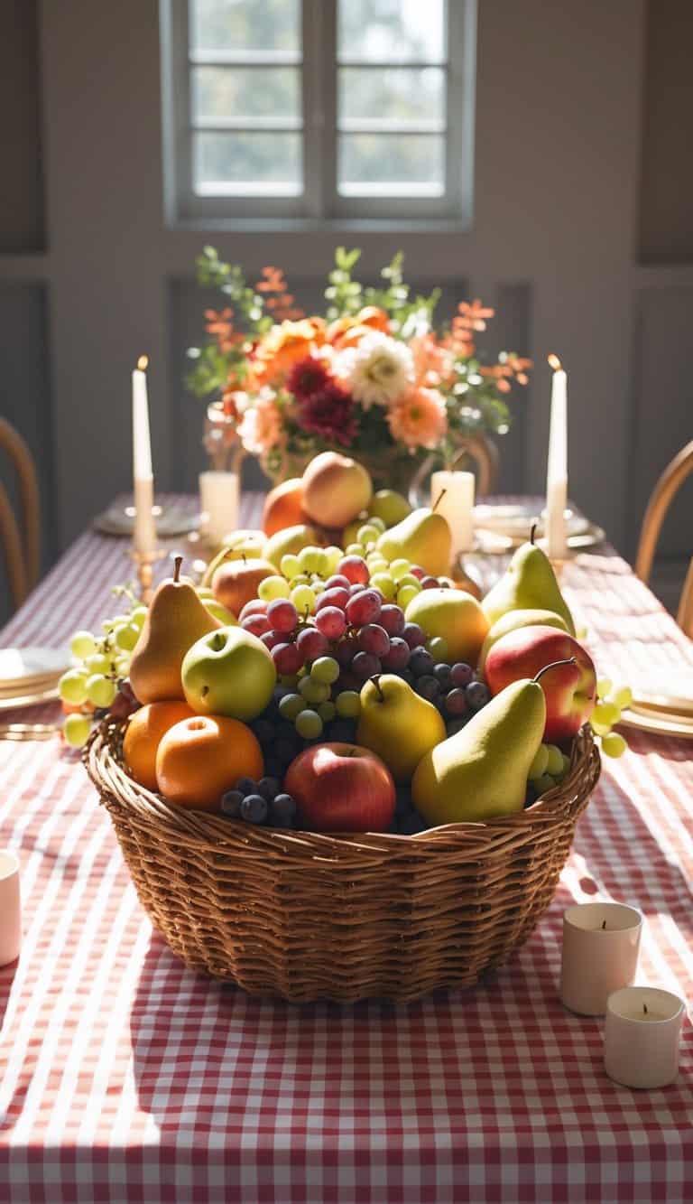 A wicker basket filled with various fruits like pears, apples, oranges, and grapes sits on a table covered with a red and white checkered tablecloth, surrounded by lit candles and a floral centerpiece in a softly lit room.