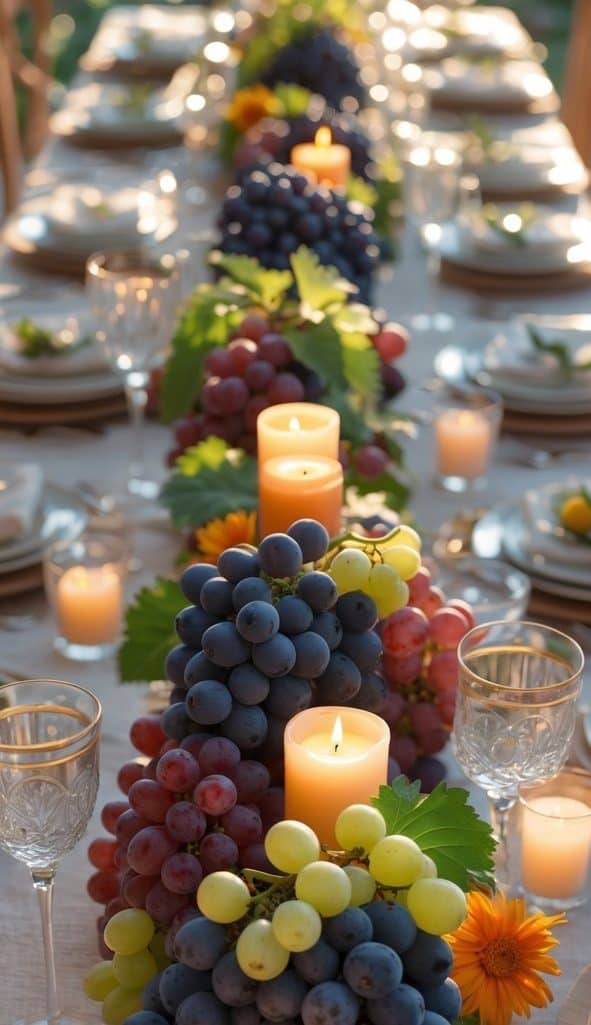 A long dining table beautifully set with plates, glasses, and a central arrangement of grapes in various colors, flowers, and lit candles, creating an elegant and inviting atmosphere.