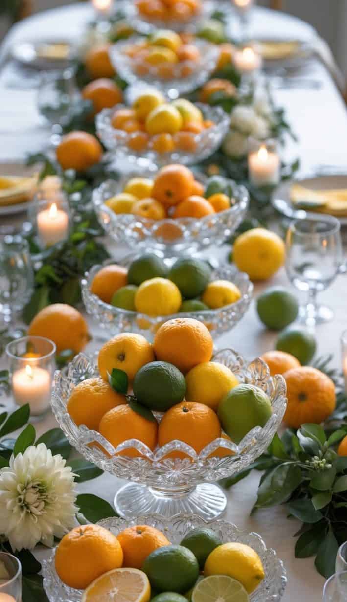 A beautifully arranged dining table features crystal bowls filled with oranges, lemons, and limes, surrounded by greenery and lit candles, creating a vibrant and elegant centerpiece.