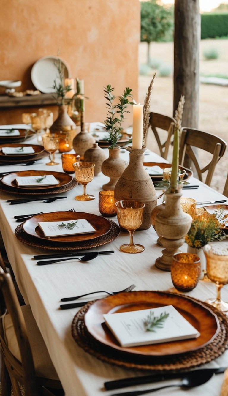 A rustic outdoor dining table set with terracotta plates, amber glass goblets, woven placemats, and beige pottery vases holding candles and greenery, on a neutral tablecloth.