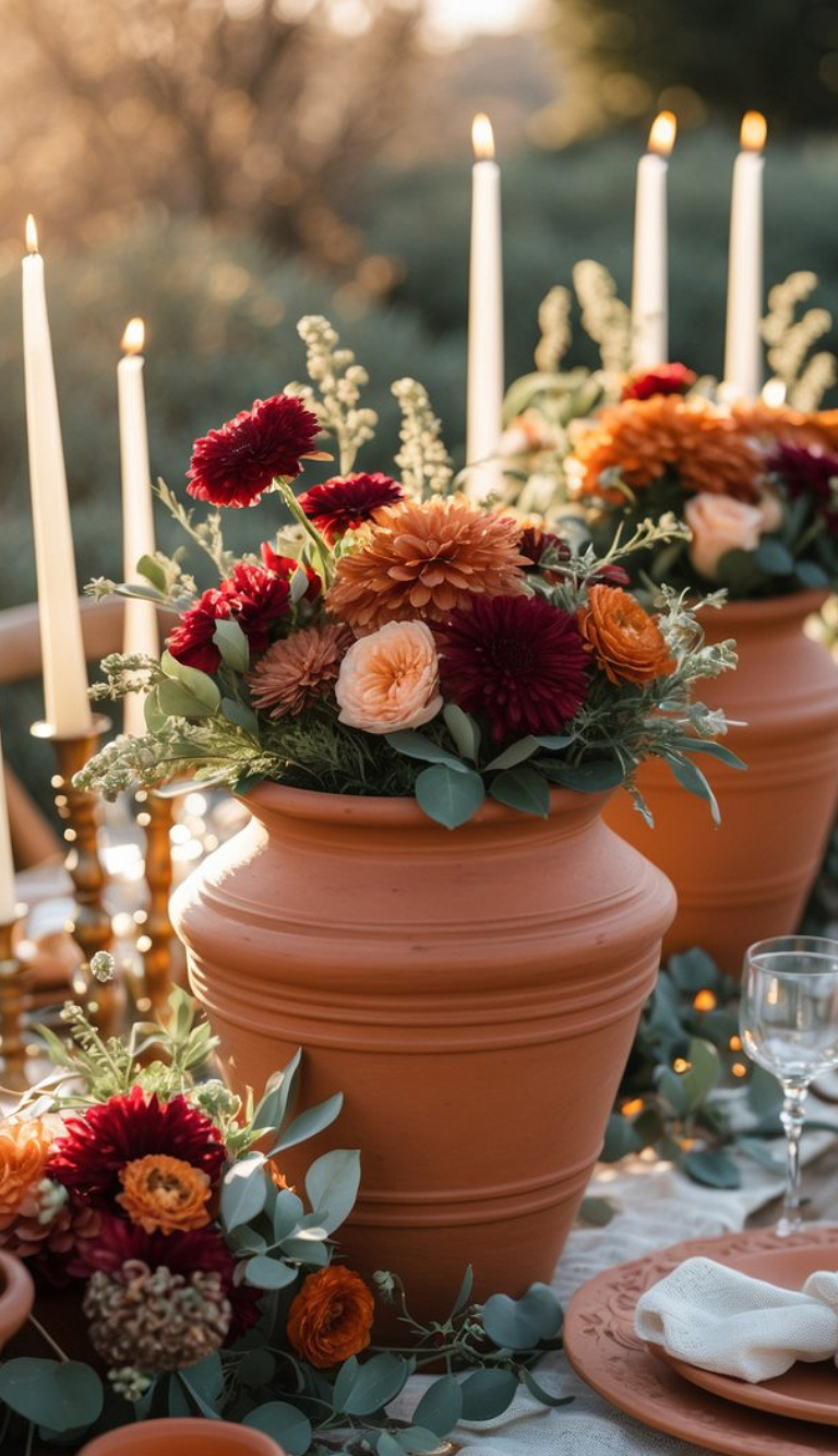 Terracotta vases on a table are filled with autumnal flower arrangements, featuring red, orange, and peach blooms, surrounded by greenery, with lit taper candles in the background.