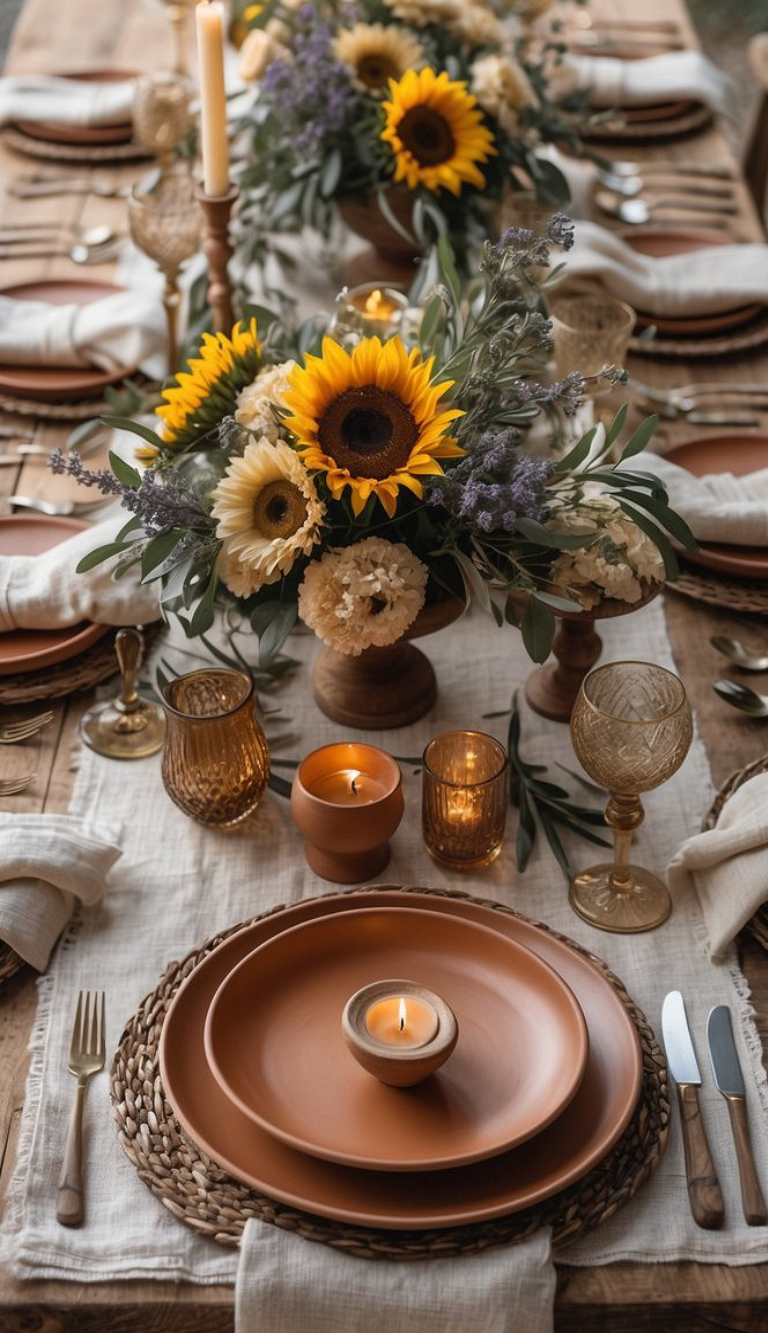 A beautifully set dining table featuring a centerpiece with sunflowers, cream flowers, and greenery, accompanied by lit candles. The place settings include terracotta plates on woven chargers, linen napkins, and amber glassware, creating a rustic and cozy ambiance.