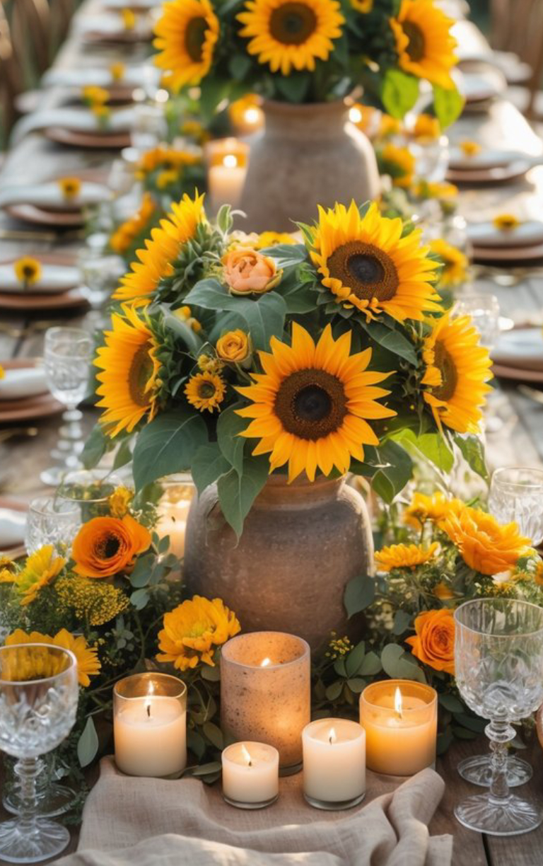 A rustic table setting adorned with large bouquets of vibrant sunflowers and orange flowers in ceramic vases, surrounded by lit candles and elegant glassware.