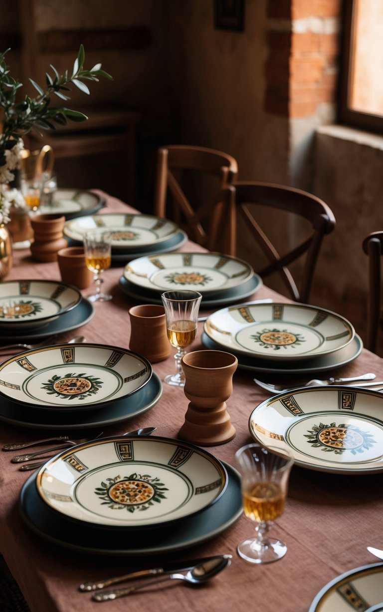 A dining table set with decorative plates featuring intricate patterns, wooden goblets, crystal glasses filled with amber liquid, and cutlery arranged neatly on a brown cloth.