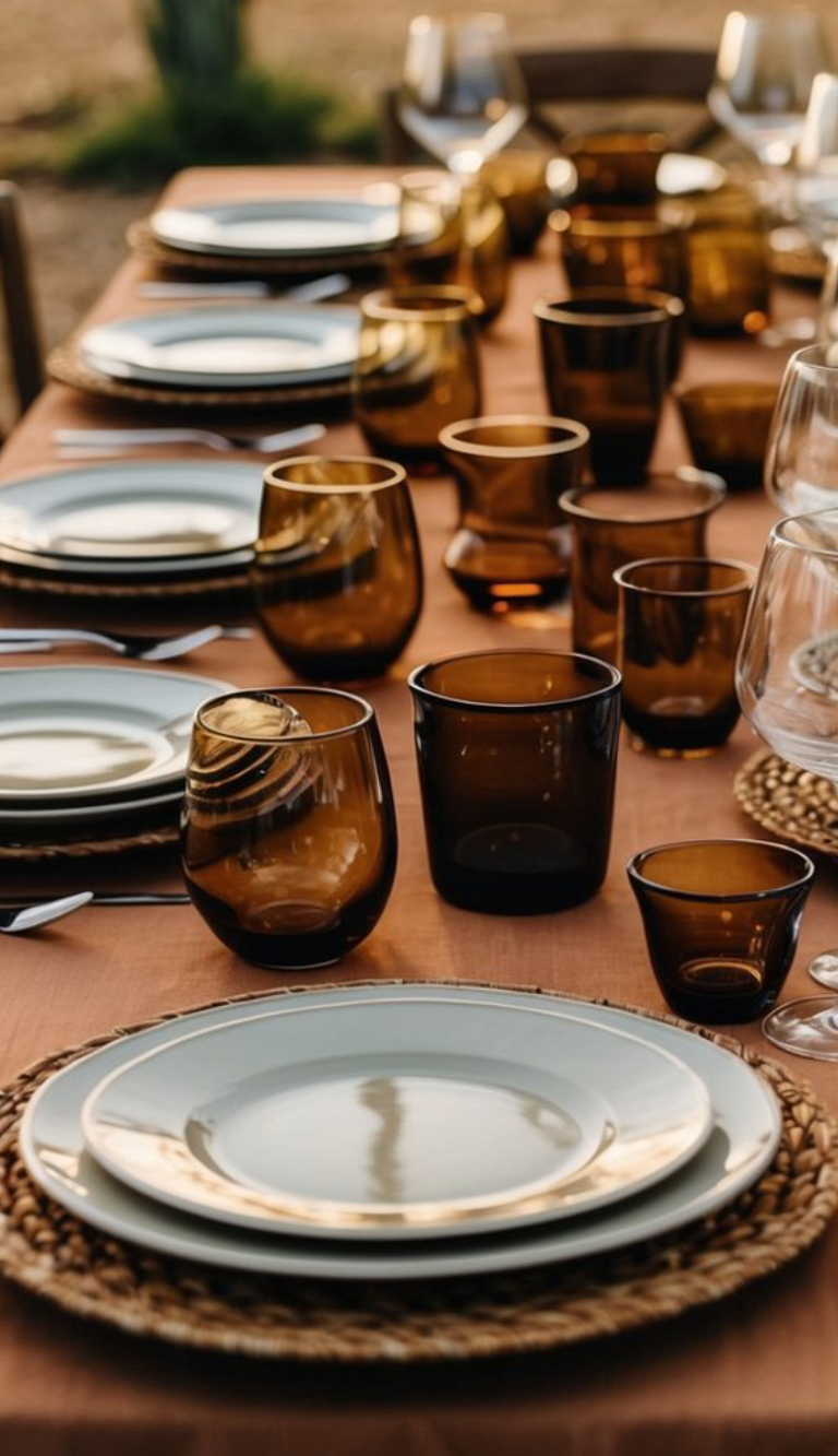 A neatly arranged outdoor dining table set with white plates on woven chargers and surrounded by brown tinted glassware and utensils.