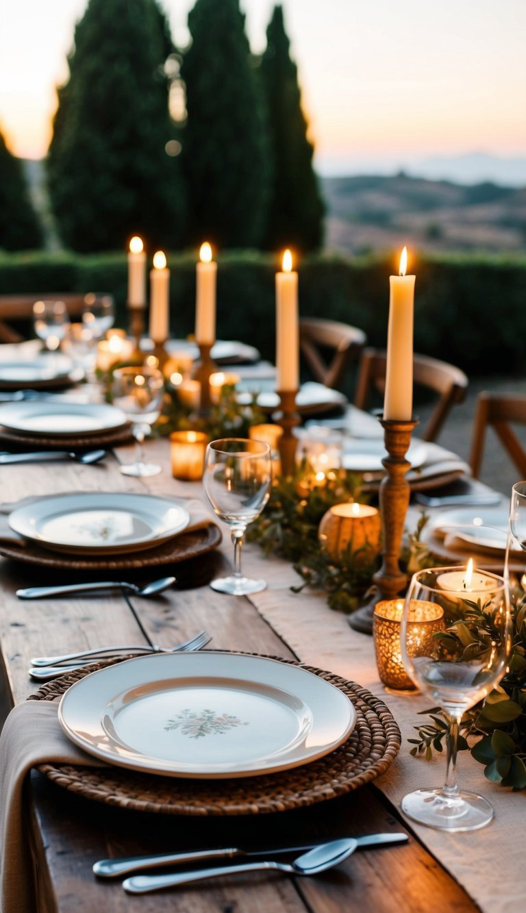 A beautifully set outdoor dining table adorned with white plates, wine glasses, and lit candles, decorated with greenery, in front of a scenic background with trees and a sunset.