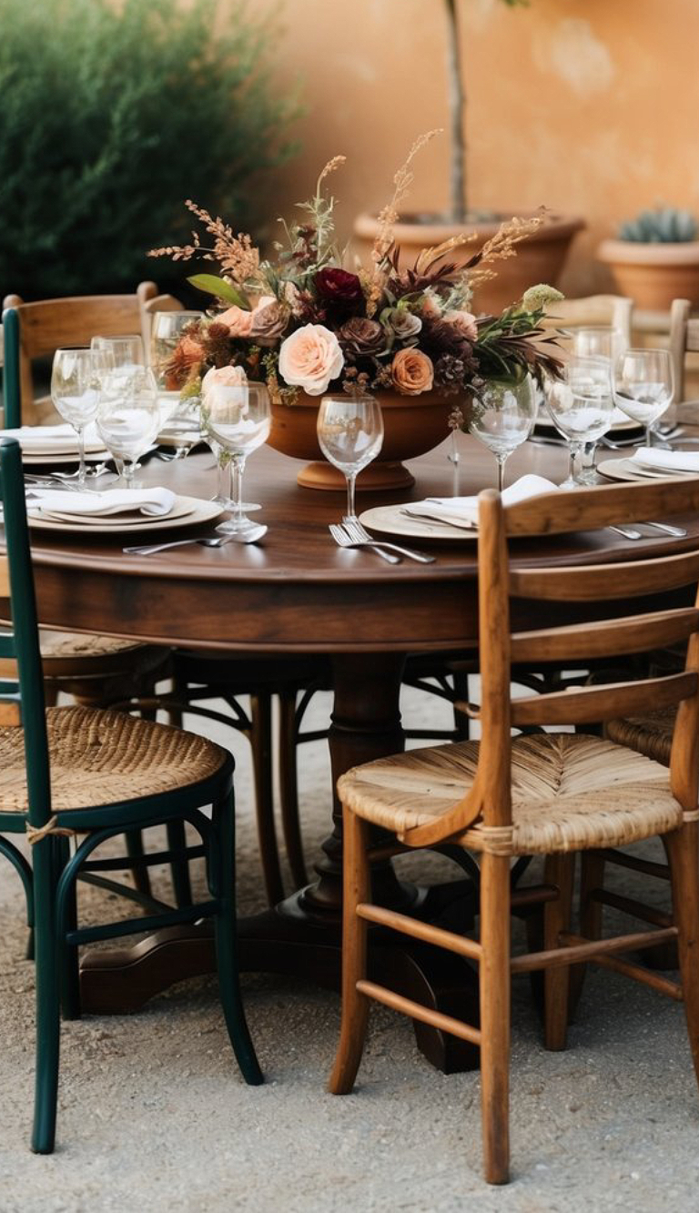 A round wooden table set for a meal, featuring an elegant floral centerpiece and surrounded by wicker chairs, with table settings including plates, napkins, and glasses.