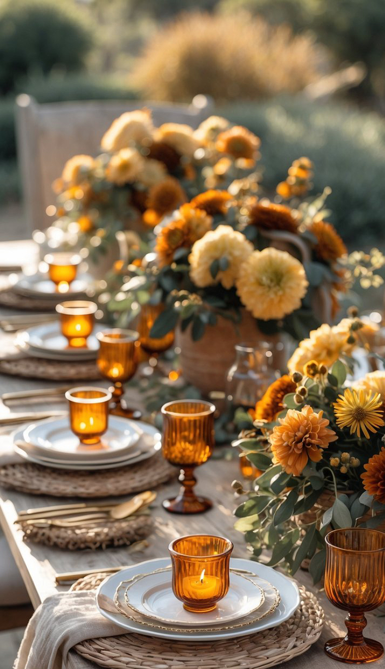 A beautifully set outdoor dining table with amber glassware, white plates, gold cutlery, and woven chargers. The table is adorned with vibrant yellow and orange floral centerpieces, creating a warm and inviting atmosphere.