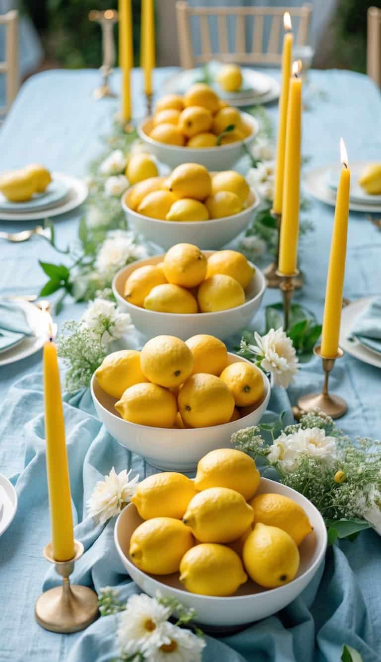 A dining table covered with a light blue linen tablecloth, decorated with white bowls filled with lemons, yellow candles, and small white flowers.