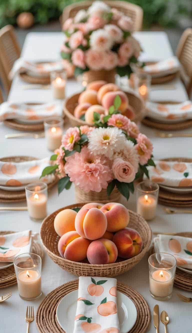 A dining table set with peach-printed napkins, fresh peaches in woven baskets, pink flowers, and candles arranged as centerpieces.