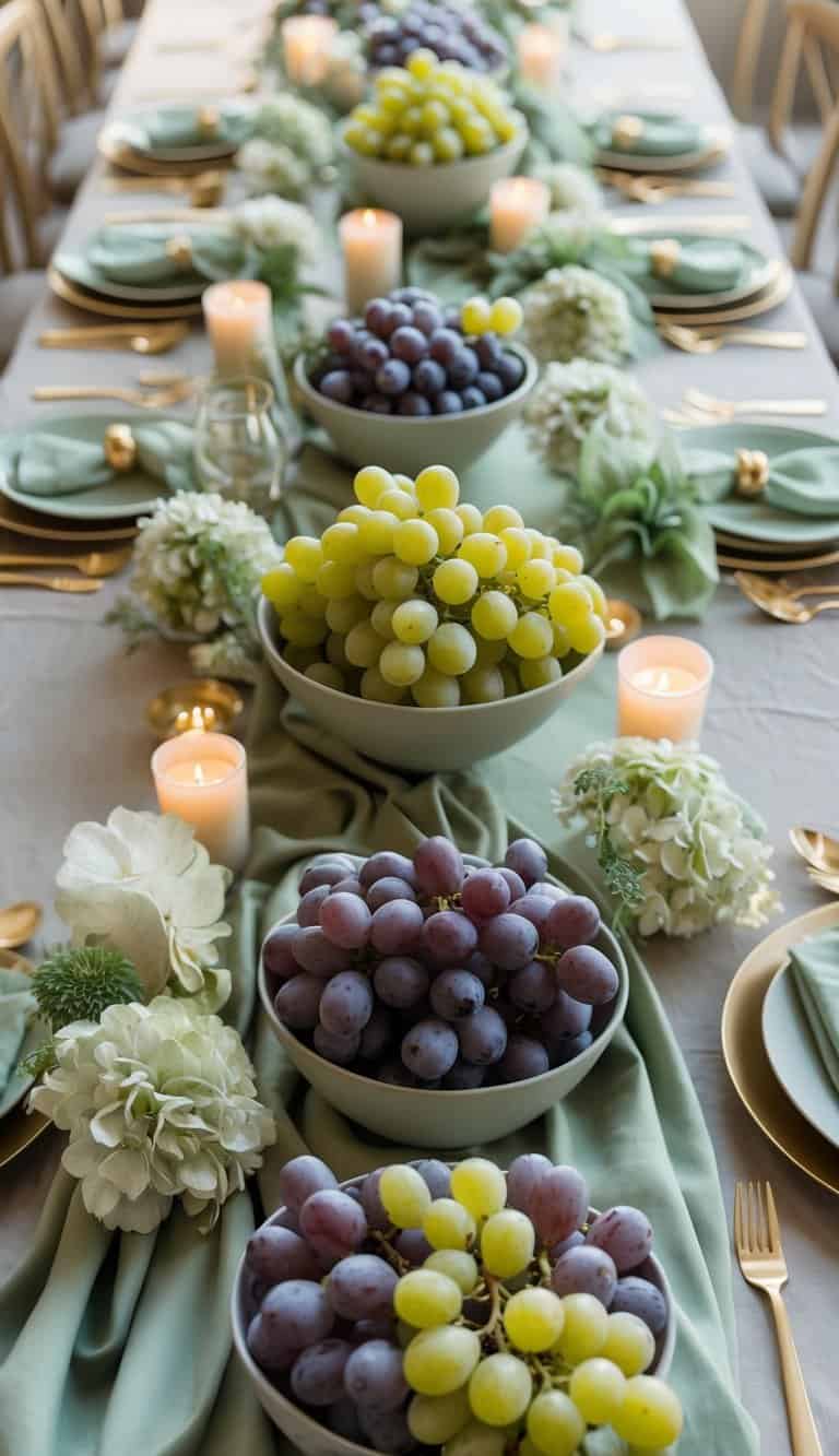 A table set with a sage green tablecloth, bowls of green and purple grapes, gold flatware, flowers, and lit candles.