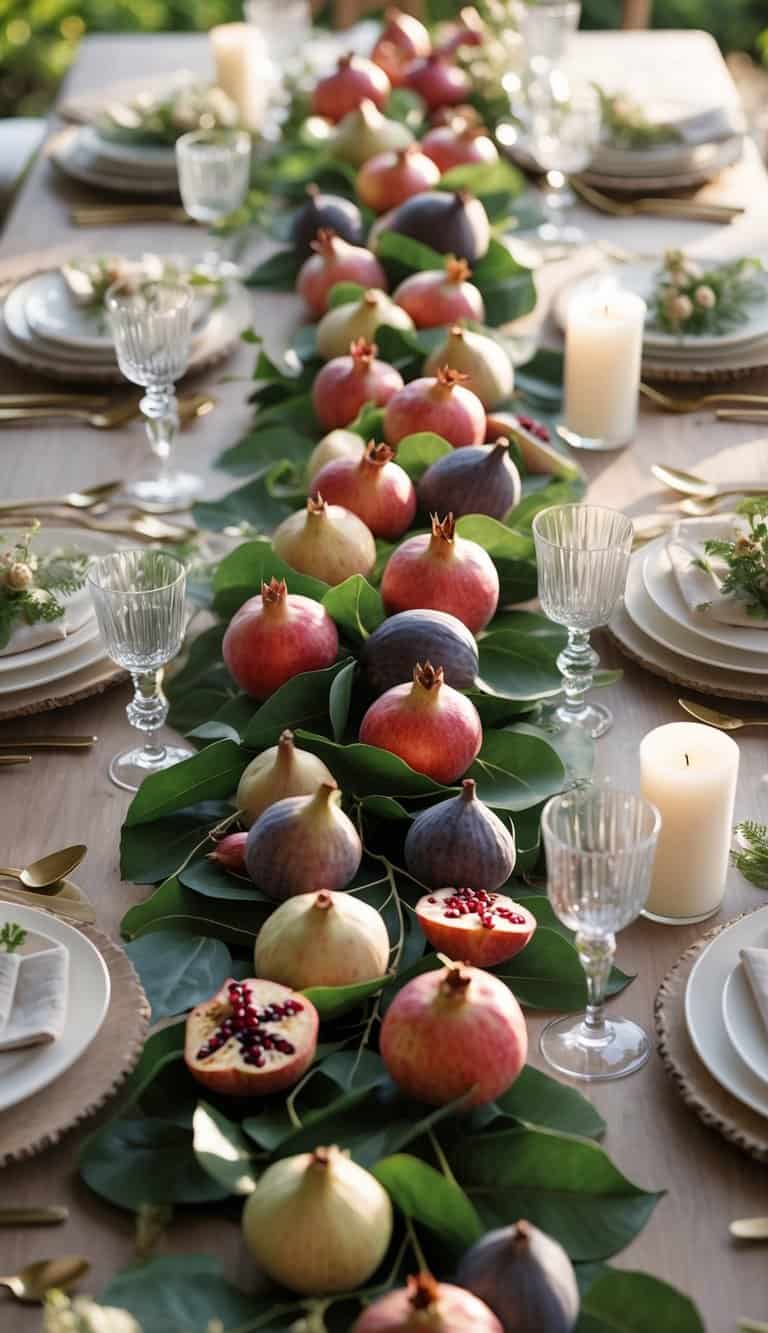 A full view of a table decorated with a pomegranate and fig garland with leaves, surrounded by candles, flowers, and tableware.