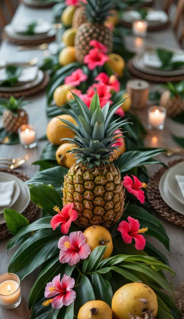 A beautifully arranged table with pineapples, hibiscus flowers, banana leaves garlands, candles, and tableware, set for a festive event.