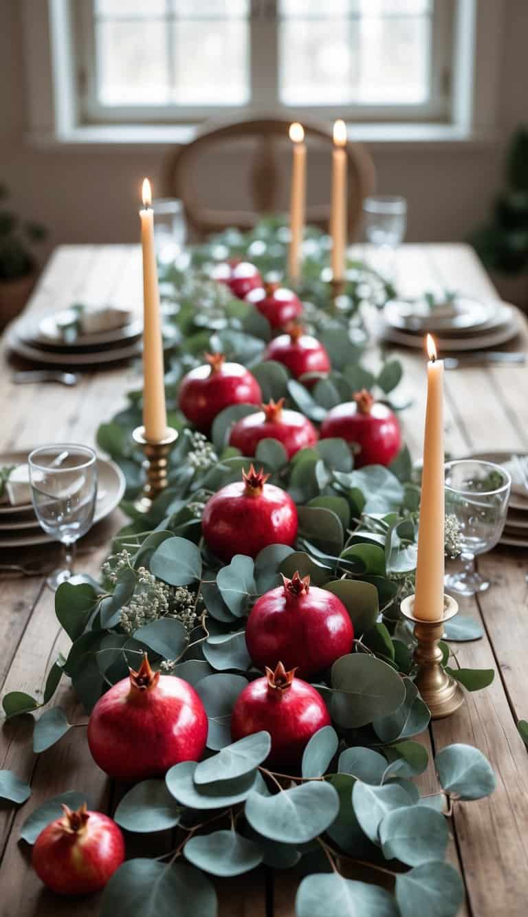 A full view of a table decorated with pomegranates and eucalyptus leaves, candles, and flowers arranged as a centerpiece on a wooden table with natural daylight.
