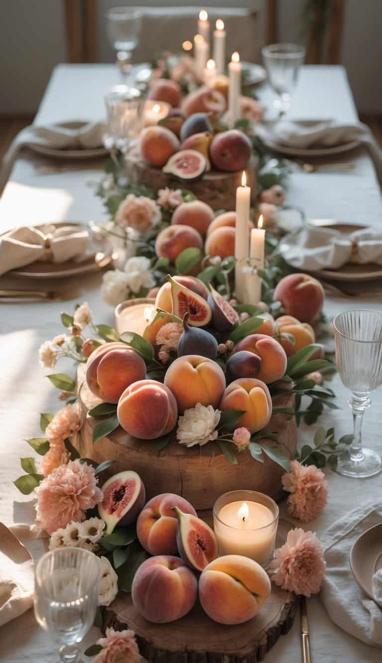 A full view of a table set for an event with a centerpiece of peaches and figs, surrounded by candles and flowers under natural light.