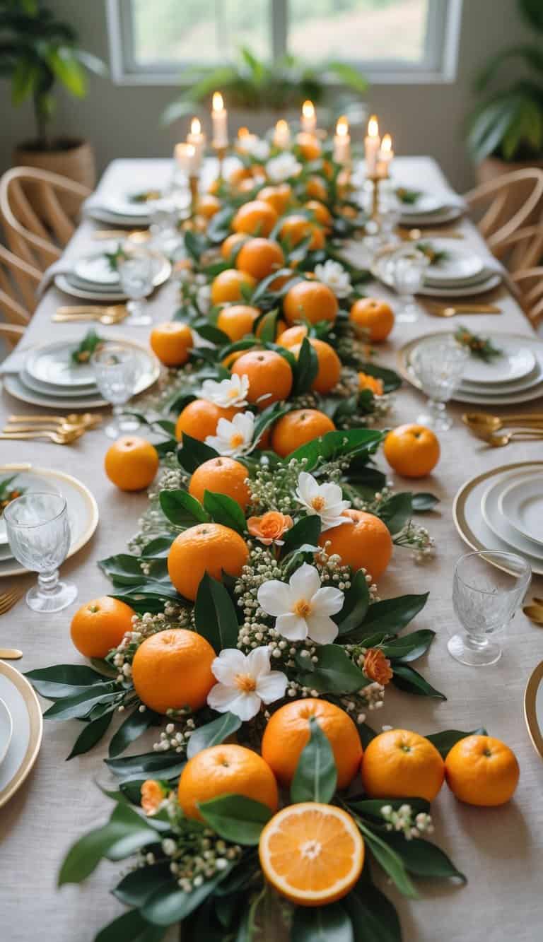 A table set for an event with a centerpiece garland of fresh oranges, orange flowers, greenery, candles, and neatly arranged tableware.