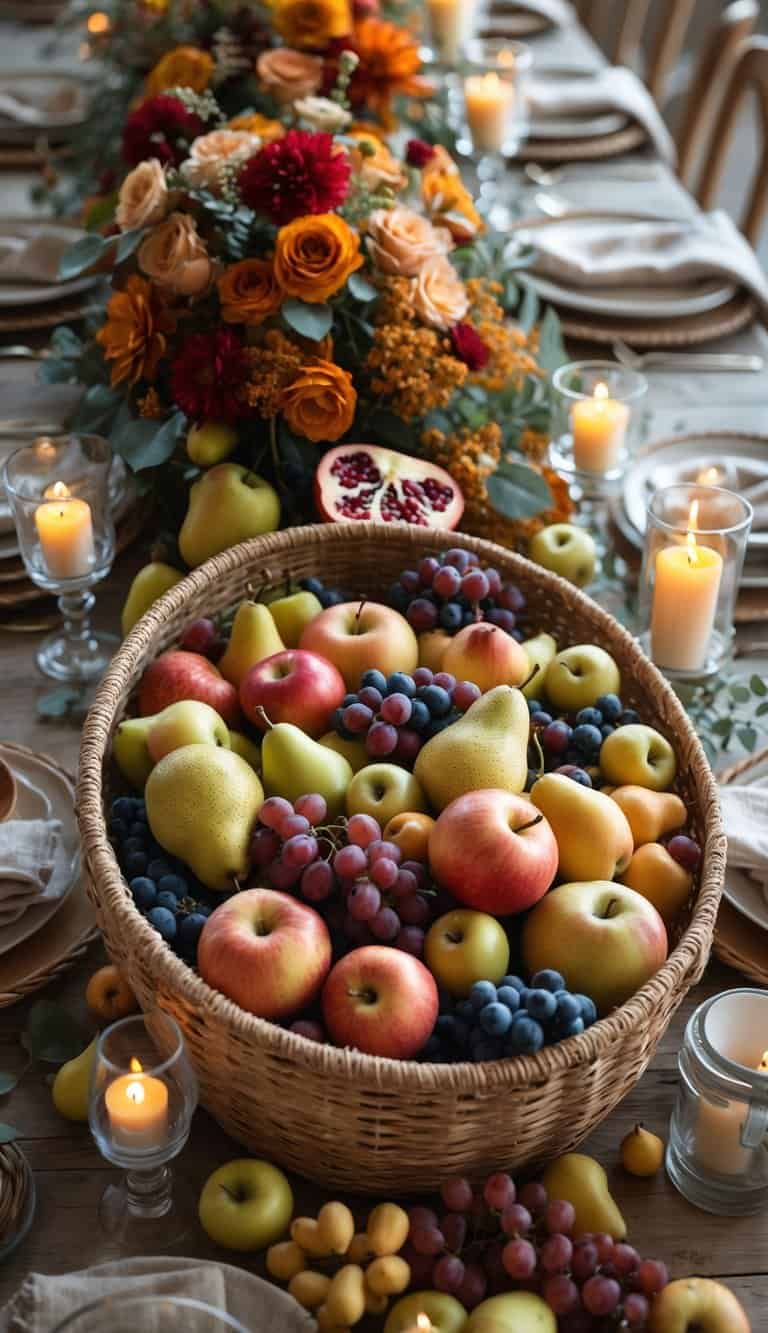 A rustic table set with a woven basket centerpiece filled with various autumn fruits, surrounded by candles and floral arrangements.
