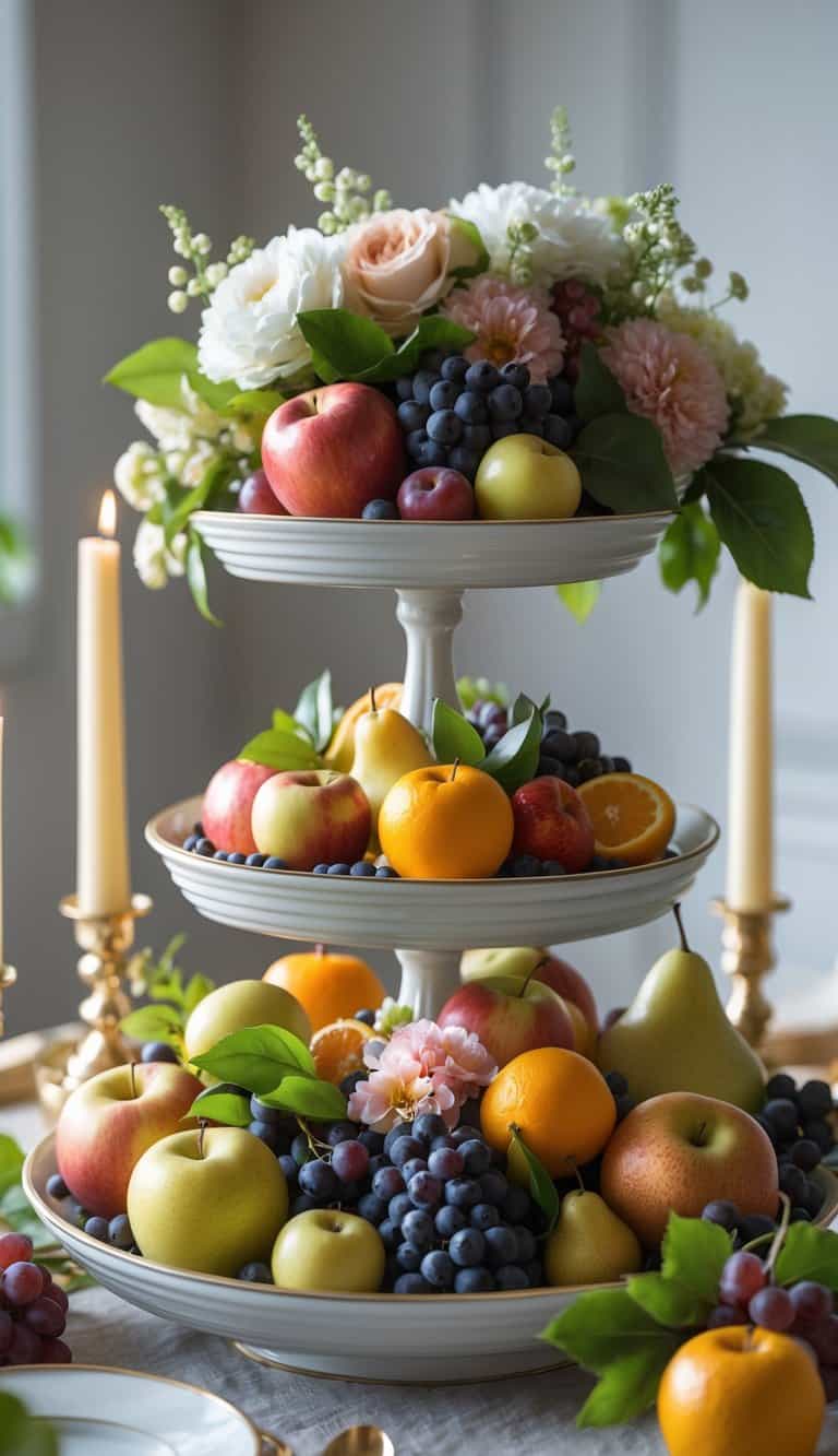 A table set with a tiered ceramic tray filled with assorted fresh fruits, surrounded by candles and floral arrangements.
