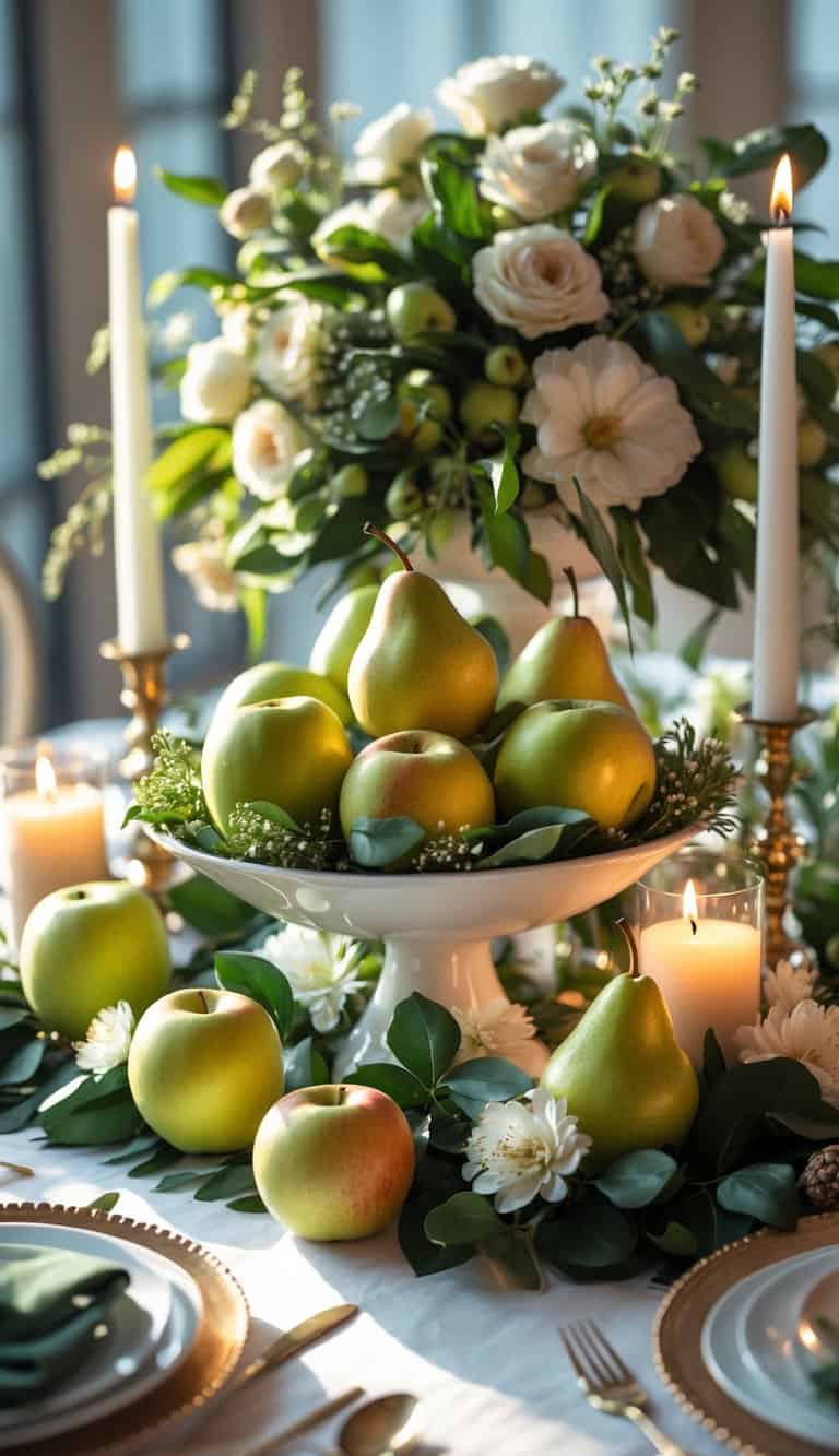 A table set for an event with a fruit bowl of green apples and pears, surrounded by candles and floral arrangements.