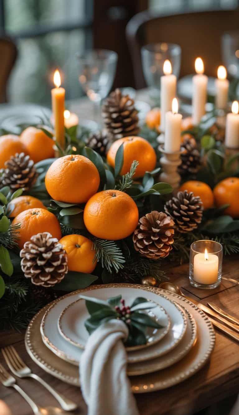 A holiday table set with mandarin oranges, pine cones, greenery, candles, and flowers arranged as centerpieces, viewed from above showing the entire table.