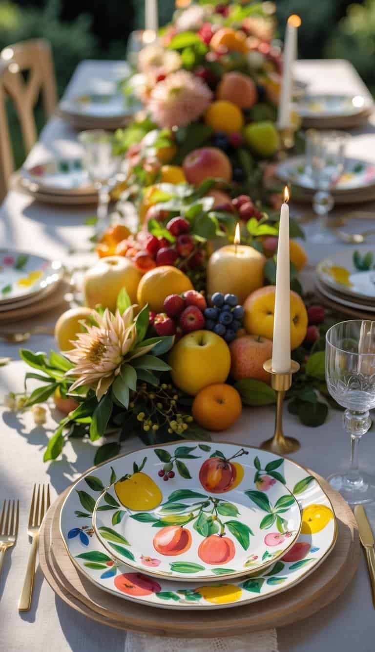 A table set with painted ceramic plates featuring fruit designs, surrounded by fresh fruits, flowers, and candles.