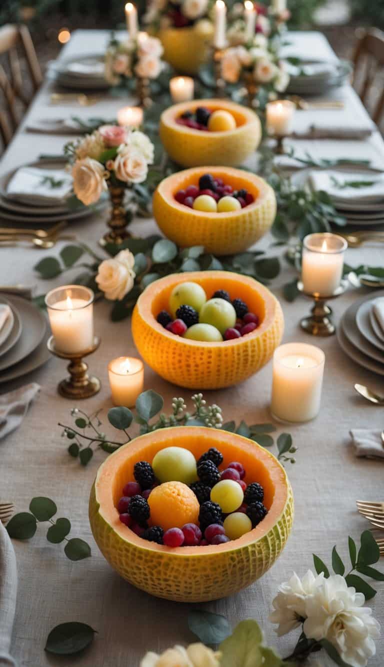 A beautifully arranged table with carved cantaloupe bowls filled with fresh fruit, surrounded by flowers and lit candles.