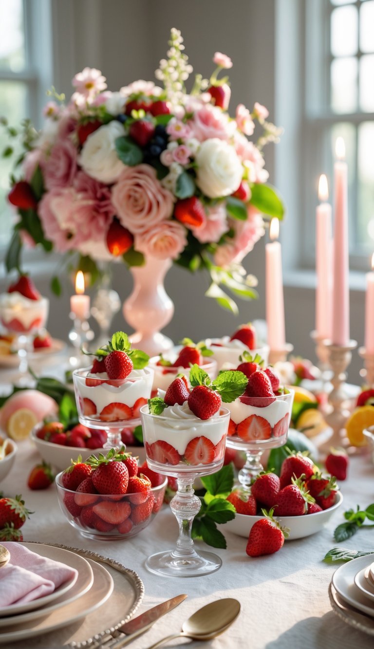 A beautifully arranged table with strawberry and cream mini parfaits, fresh fruits, candles, and floral centerpieces under natural light.