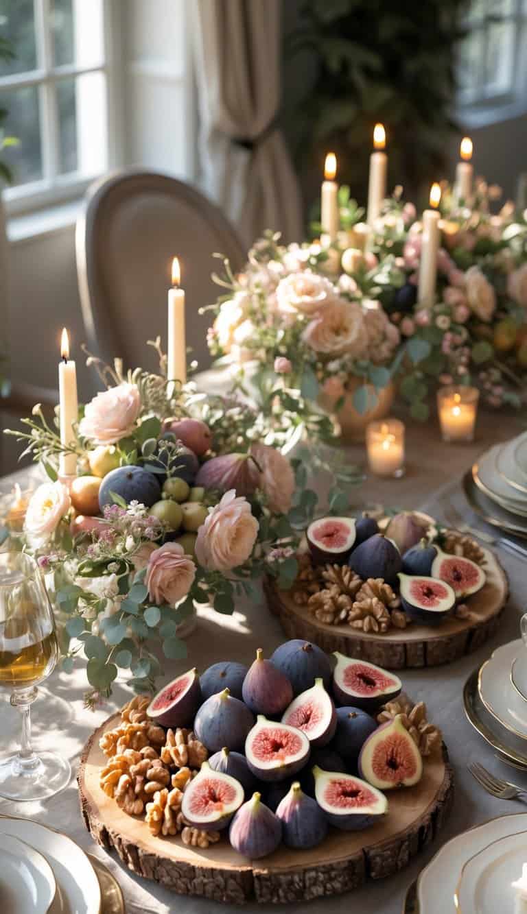 A beautifully arranged table featuring platters of figs and walnuts, surrounded by flowers and candles.