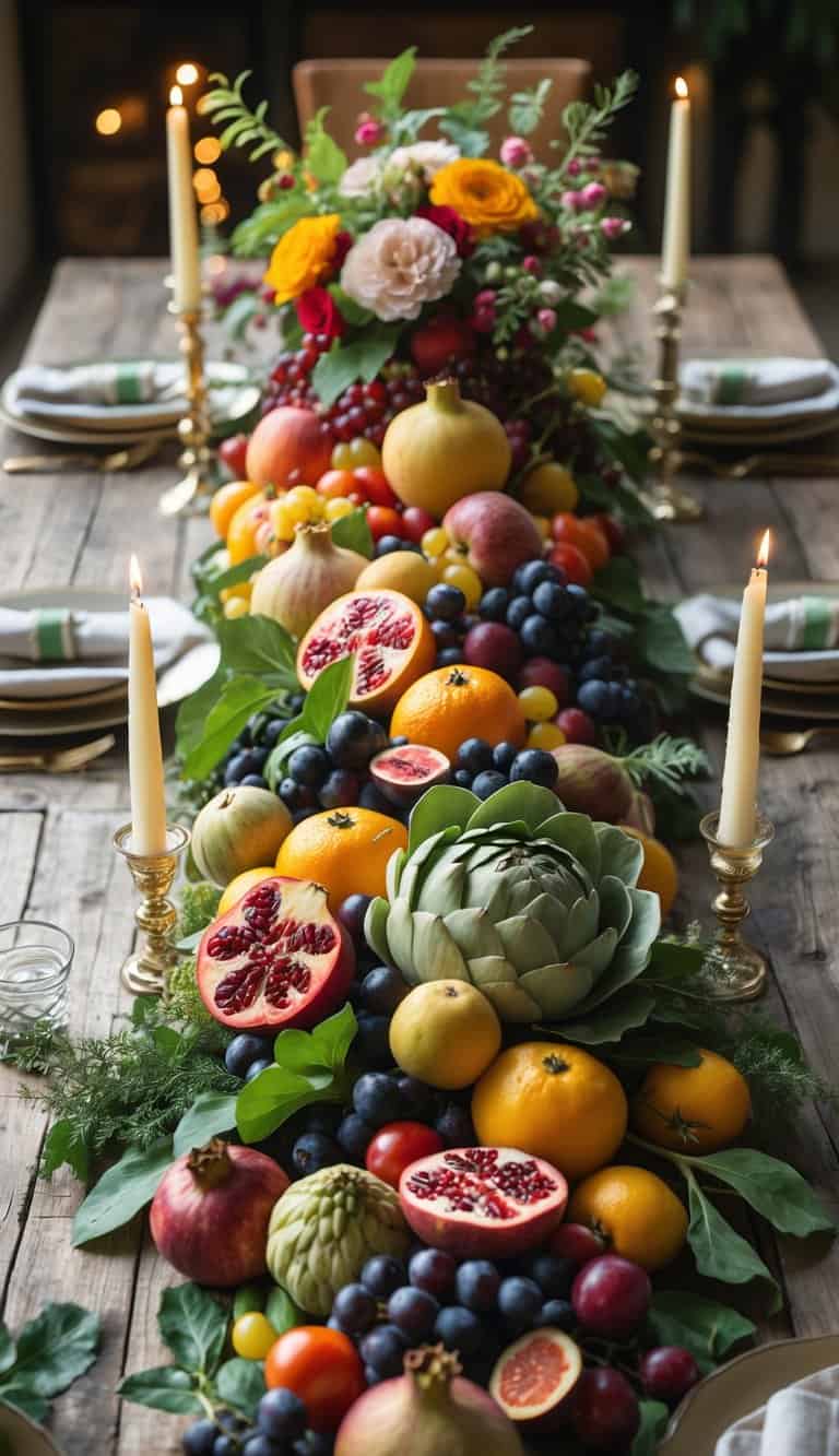 A full view of a table decorated with mixed fruit and vegetable centerpieces, candles, and flowers.