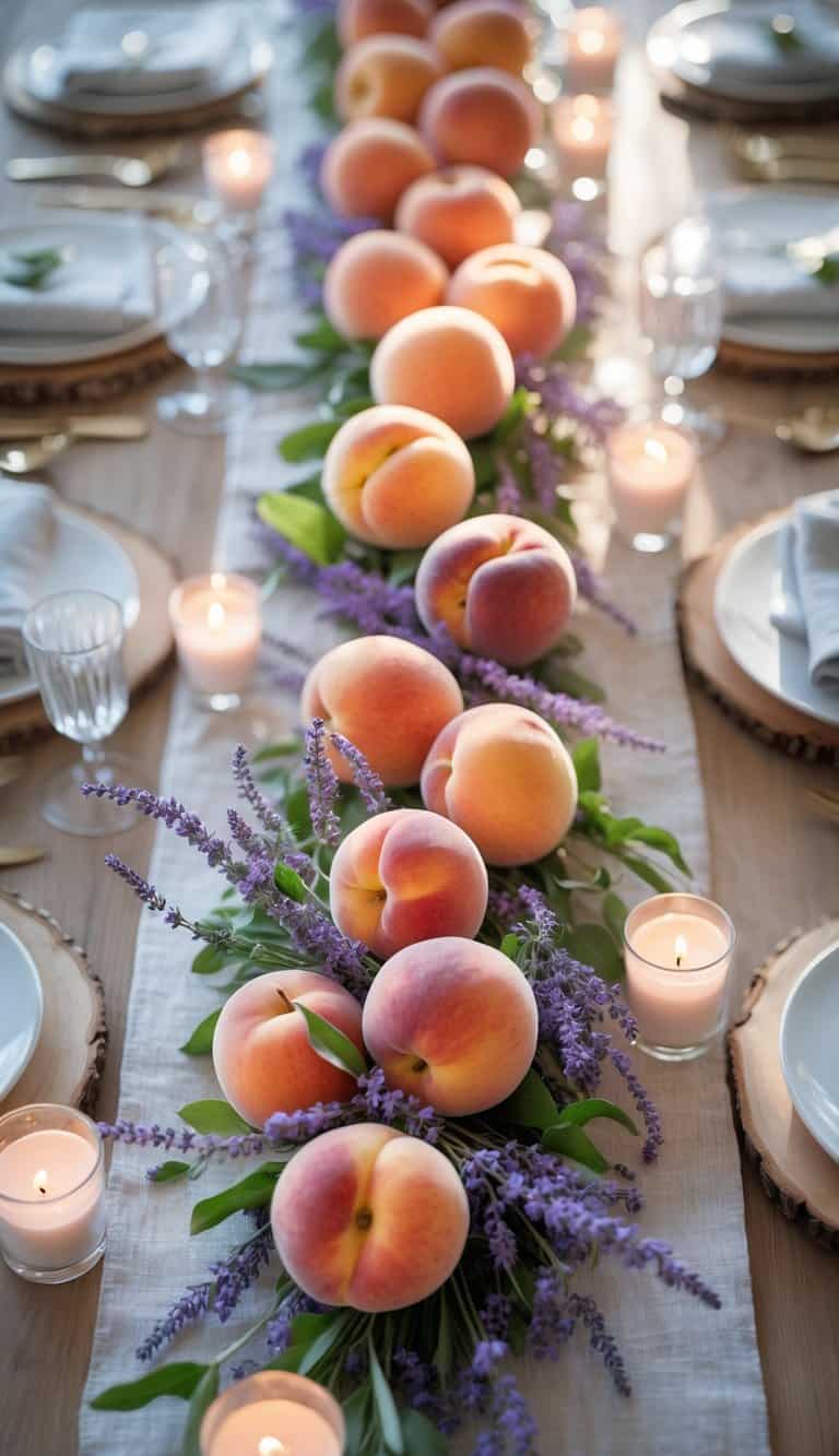 A table set for an event with a centerpiece of peaches and lavender, surrounded by candles and floral accents.