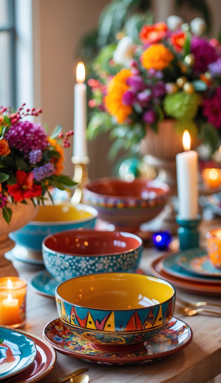 A full table set with colorful ceramic bowls, floral centerpieces, and candles, arranged for a festive holiday celebration.