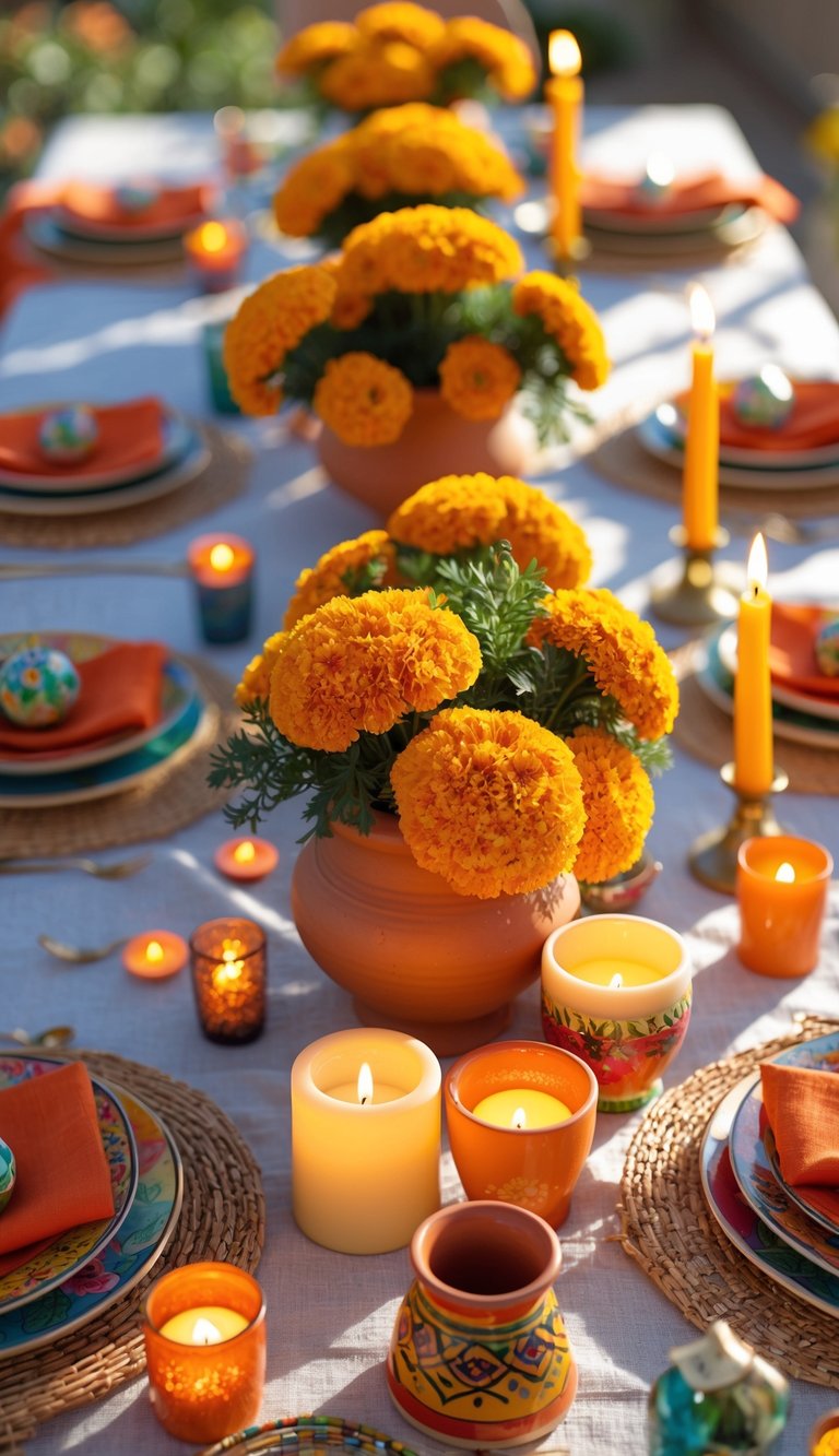 A full table set for a festive event with marigold flower centerpieces, candles, colorful tableware, and natural light.