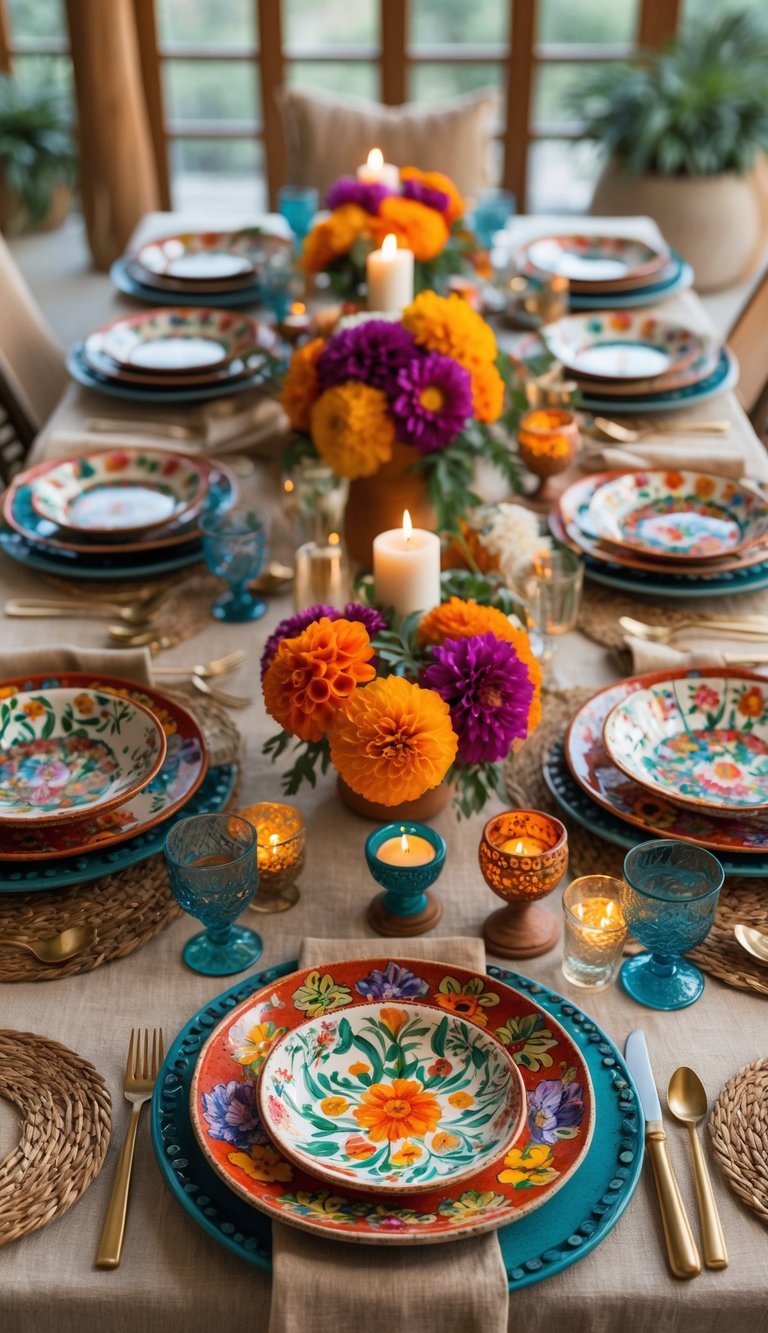 A festive table set with colorful hand-painted Mexican dishware, floral centerpieces, and candles, illuminated by natural light.
