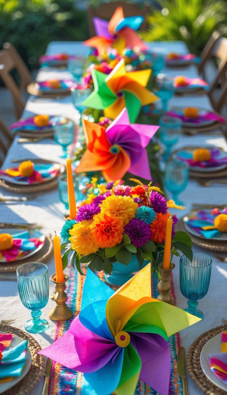 A full view of a festive table decorated with colorful tissue paper pinwheels, floral centerpieces, and candles, set for a holiday celebration.