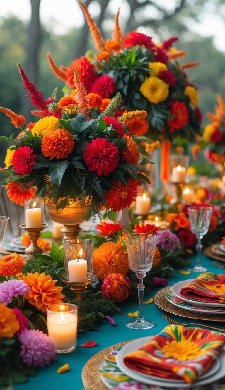 A festive table set with colorful floral centerpieces, candles, plates, and glassware arranged for a celebration.
