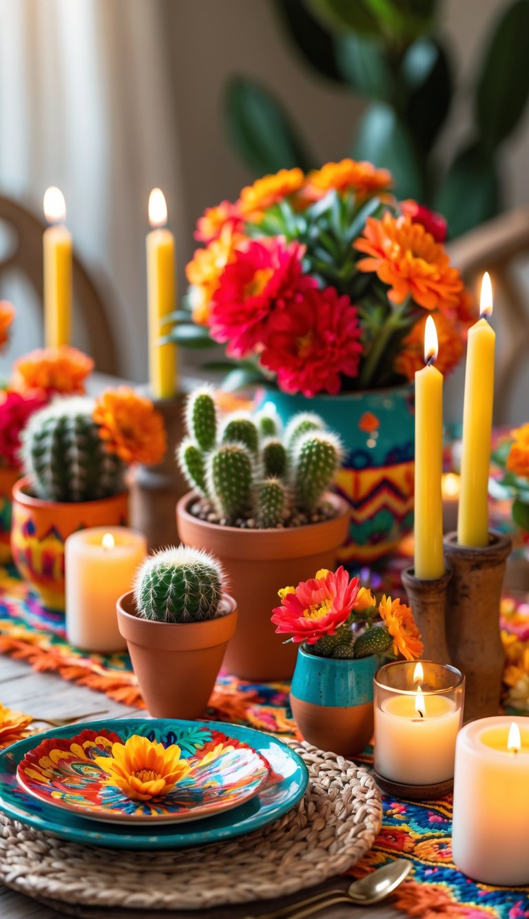 A festive table set with mini cactus plants, colorful flowers, candles, and vibrant tableware arranged for a celebratory event.