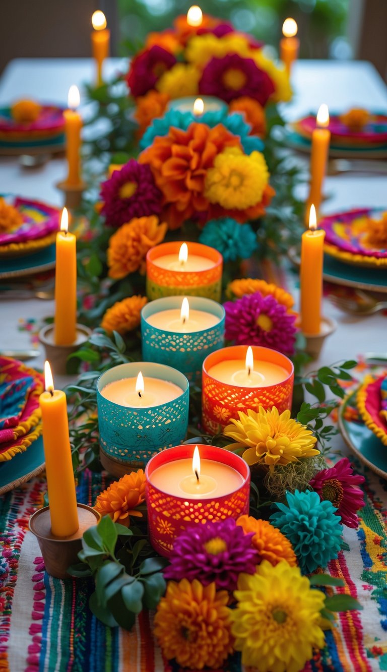 A colorful fiesta-themed table set with tealight holders, candles, and floral centerpieces, arranged for a festive celebration.