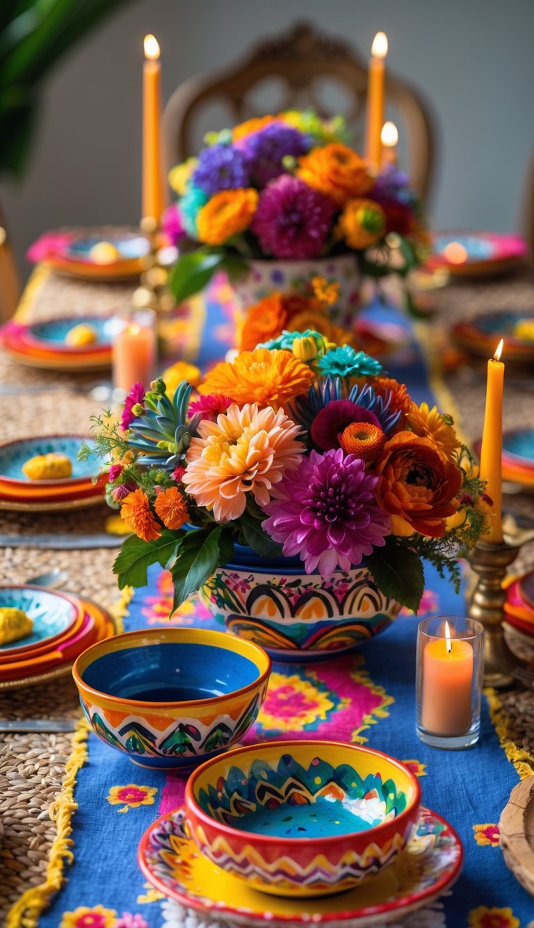 A full view of a festive table set with hand-painted salt bowls, colorful flowers, candles, and tableware arranged for a celebration.