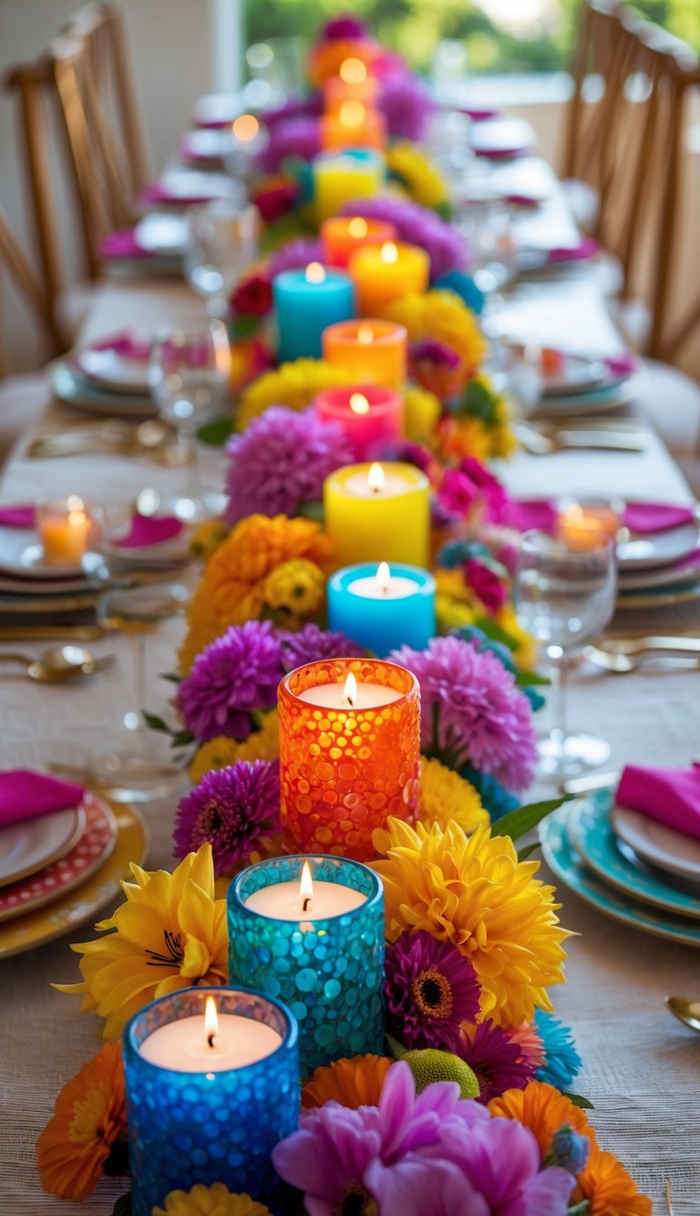 A festive table set with colorful glass votive candles and fresh flowers arranged as centerpieces, viewed from above in natural light.