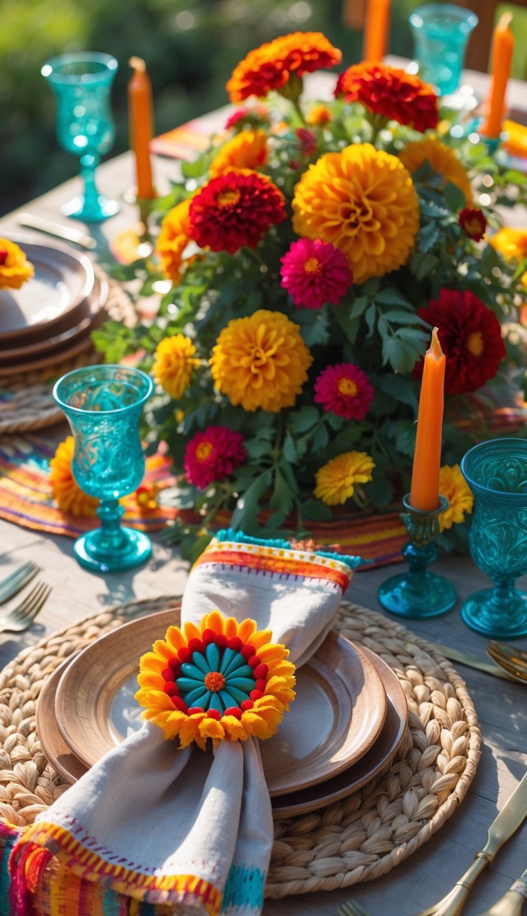 A full view of a festive table set with colorful napkin rings, floral centerpieces, candles, plates, and woven placemats arranged for a holiday celebration.