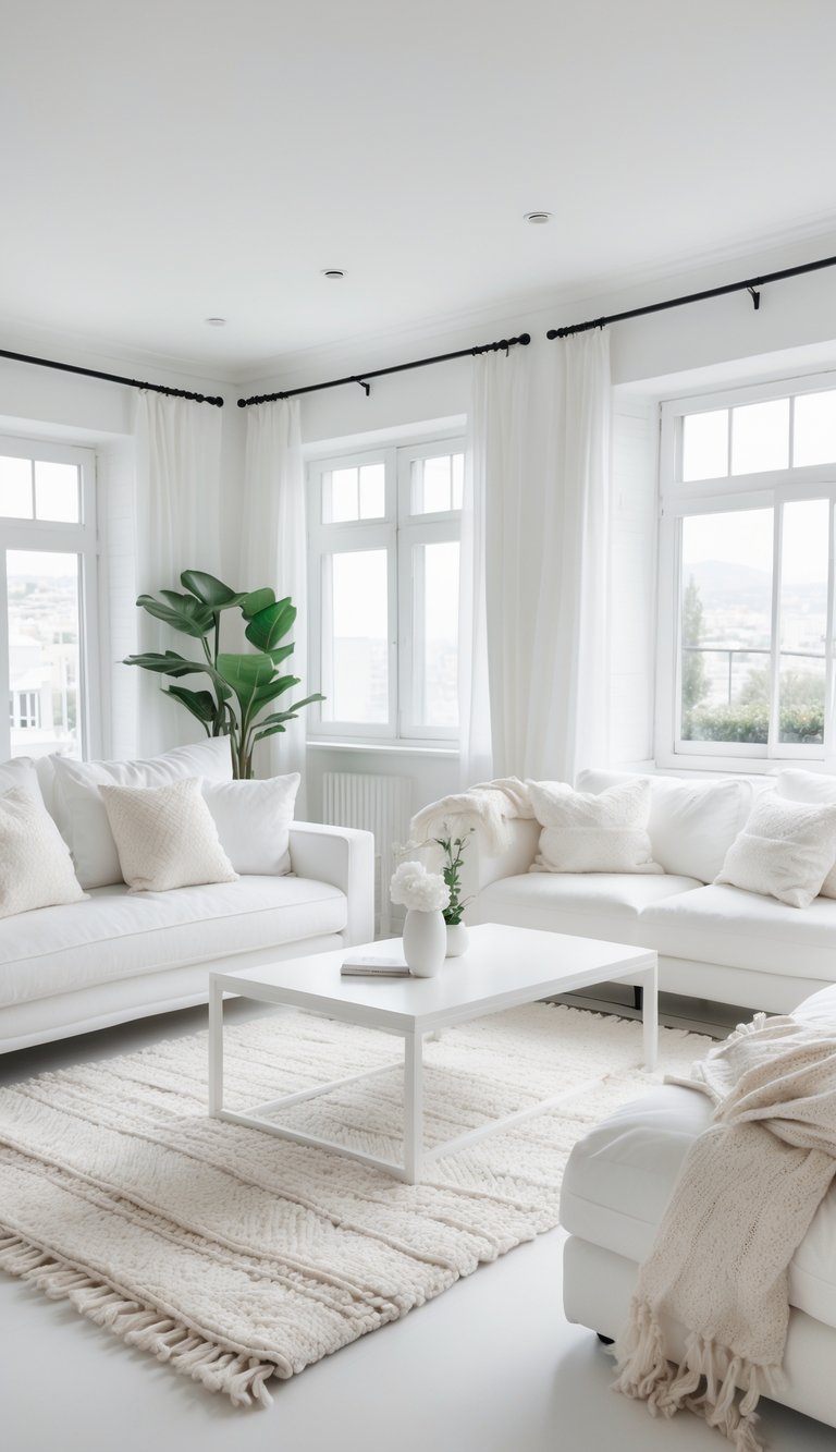 A bright white living room with a sofa, textured rugs, coffee table, and large windows letting in natural light.
