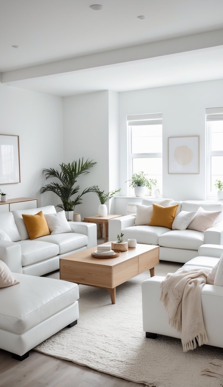 A bright living room with white leather sofas, a wooden coffee table, and soft rugs, arranged in a clean and inviting space.