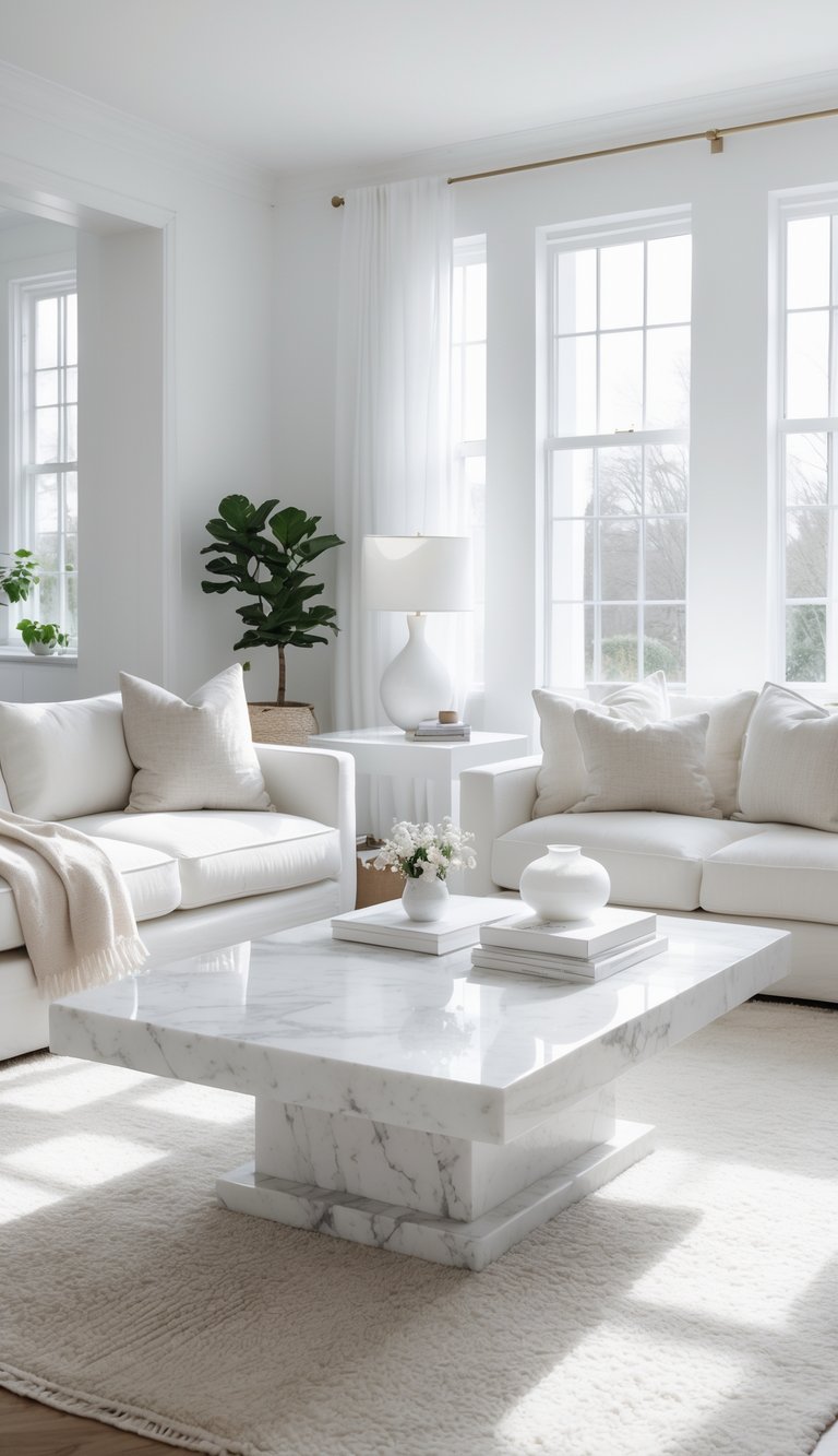 A bright living room with a white marble coffee table, a sofa with a throw blanket, and natural light coming through large windows.