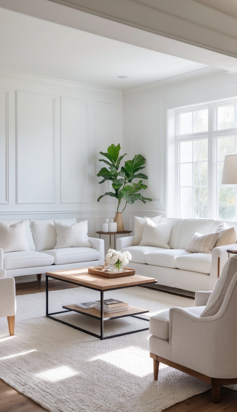 A bright living room with white wainscoting, a sofa, chairs, and a coffee table arranged neatly in a clean and inviting space.