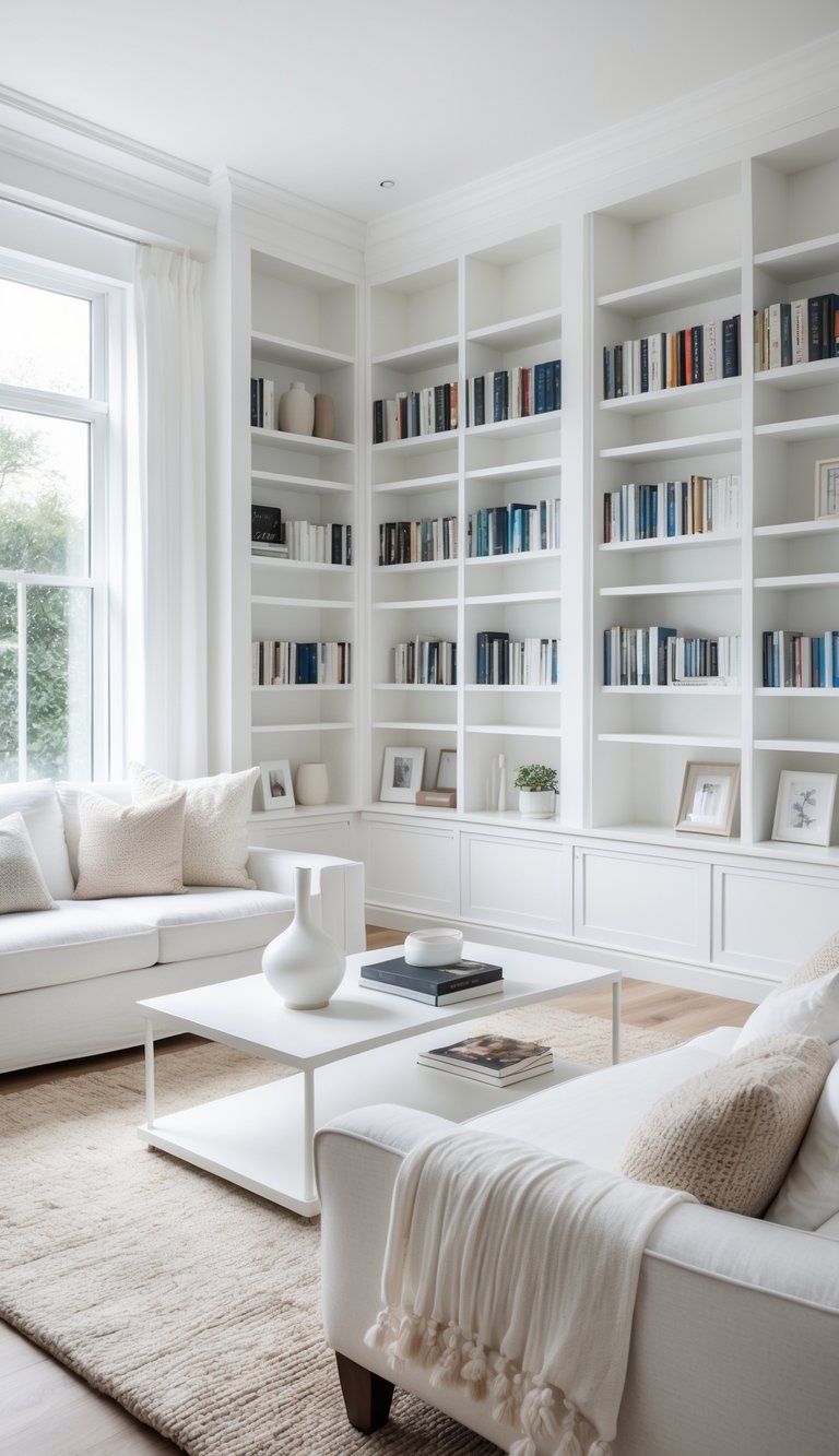 A bright white living room with built-in bookshelves, a sofa, coffee table, and large windows letting in natural light.