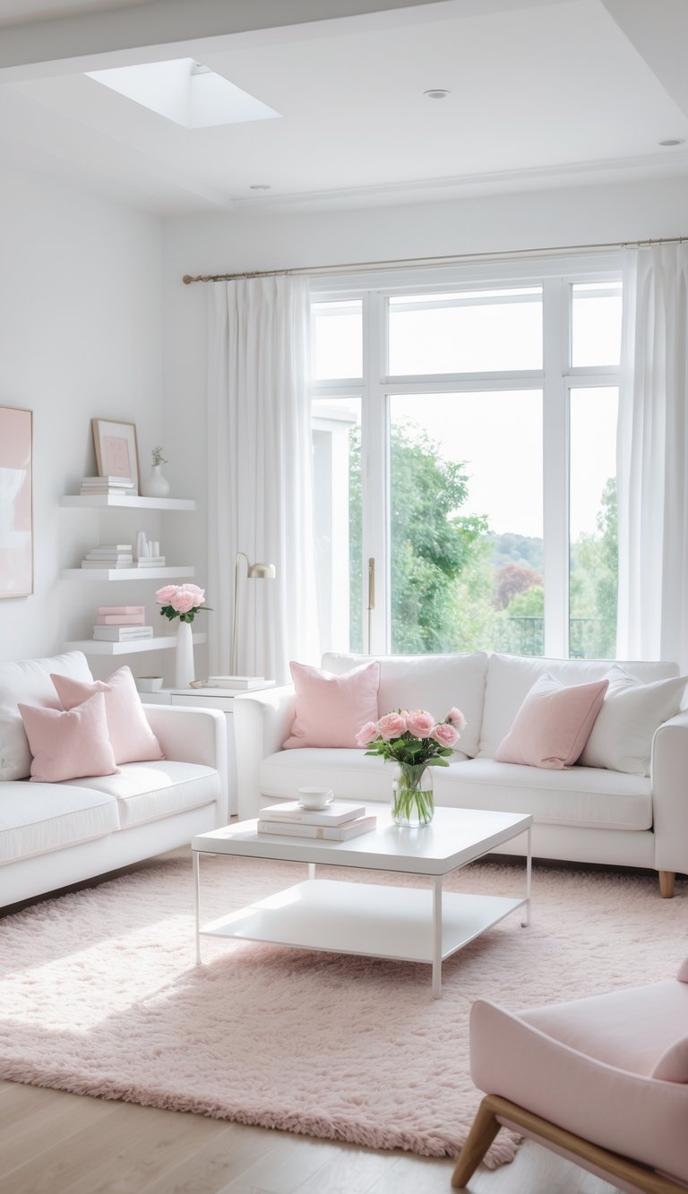 A bright living room with white walls and furniture accented by soft pink cushions, featuring a coffee table, shelves, and large windows letting in natural light.